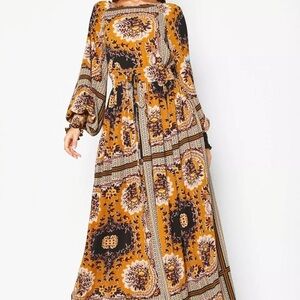 Boohoo Yellow Maxi Gown with Bishop Sleeves and Bateau Neckline